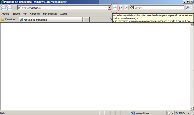 Vista de compatibilidad de sitios en Internet Explorer 8