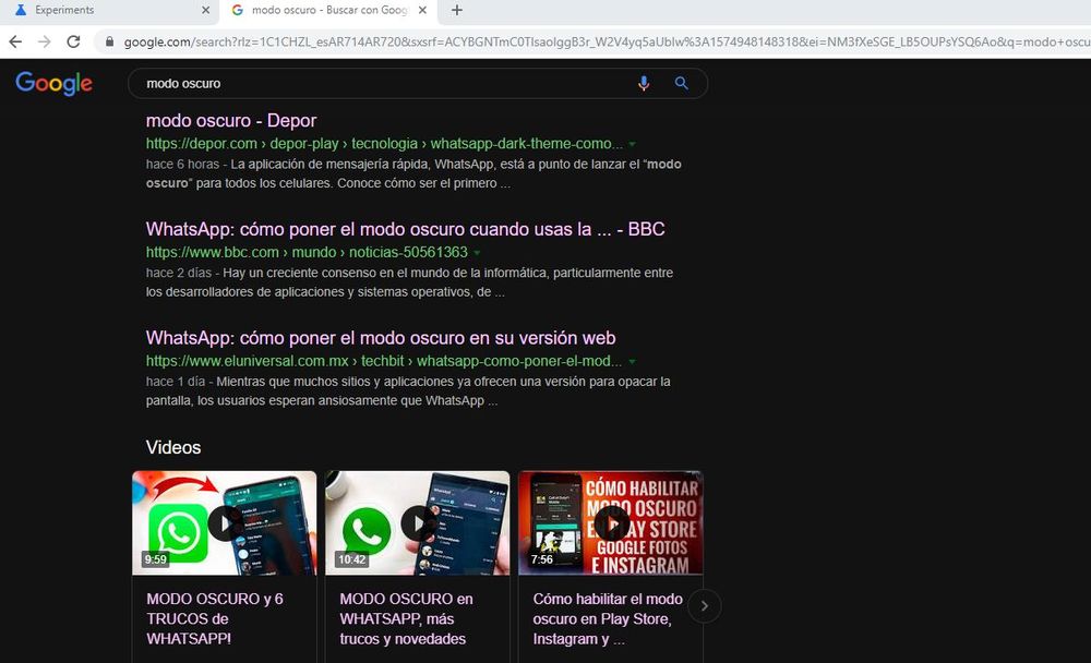 Google en modo oscuro en navegador Chrome