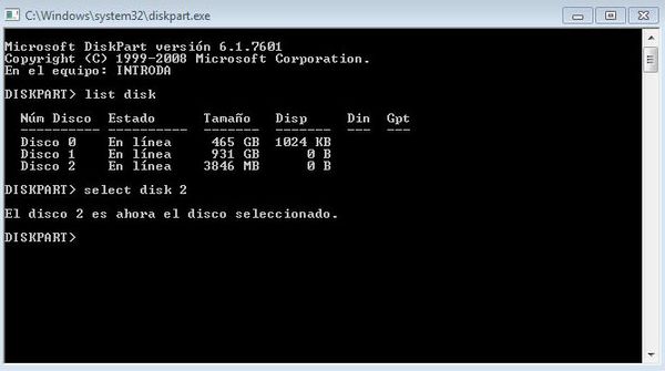 Diskpart en pantalla de comandos