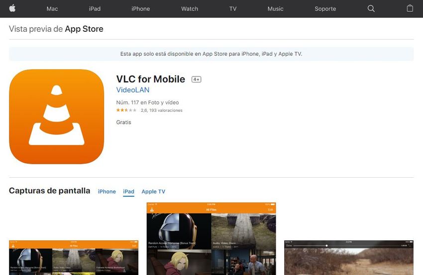 descargar VLC para enviar videos al ipad