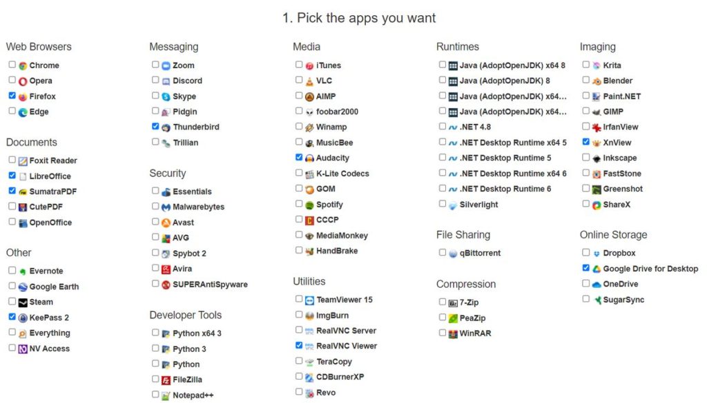 Lista de aplicaciones Ninite